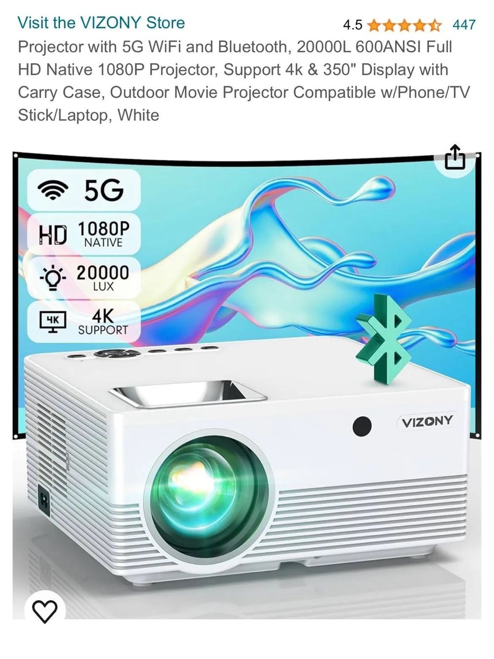 VIZONY 5G 4K Projector with Bluetooth with Carry Case 20000LUX